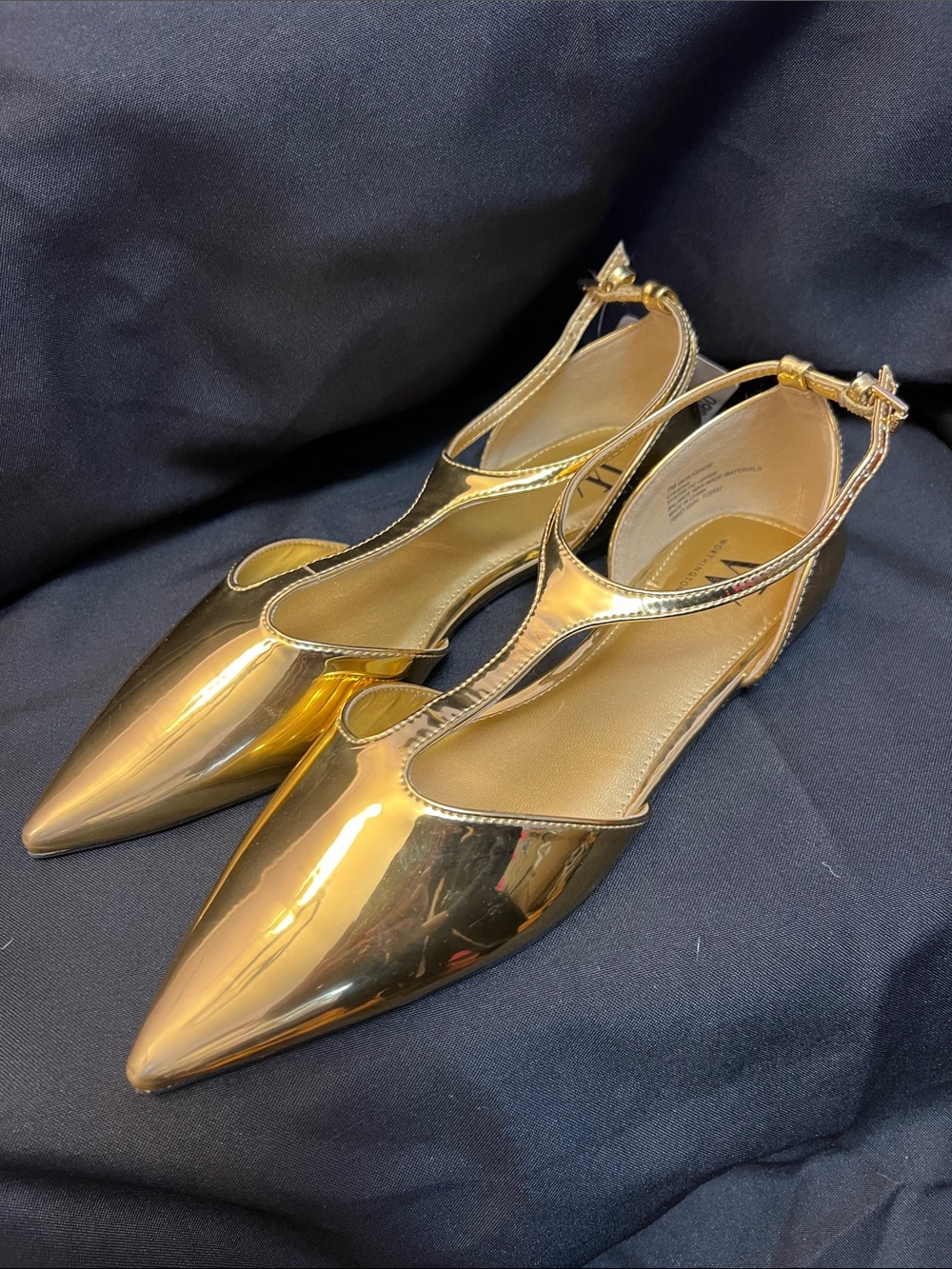 Metallic Gold Pointed Toe T-Strap Flats